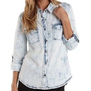 Charlotte Russe - LG Blue Acid Wash Button-Up Blouse